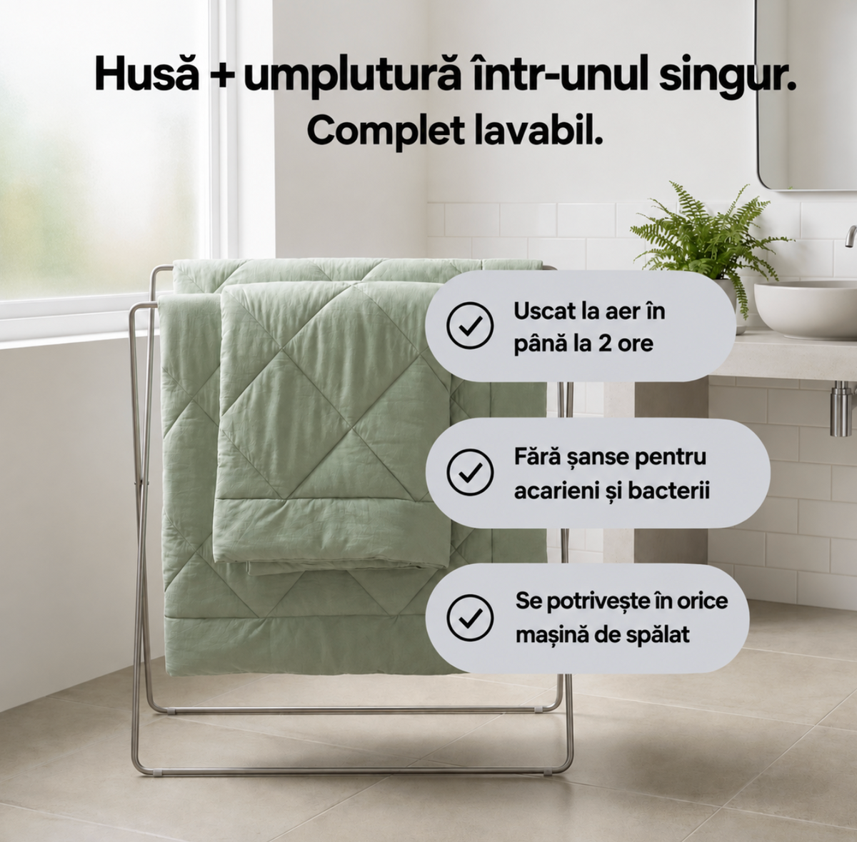 Pilotă DearMe® – pilotă 2-în-1 cu uscare rapidă, datorită căreia nu mai ai nevoie de husă de pilotă.